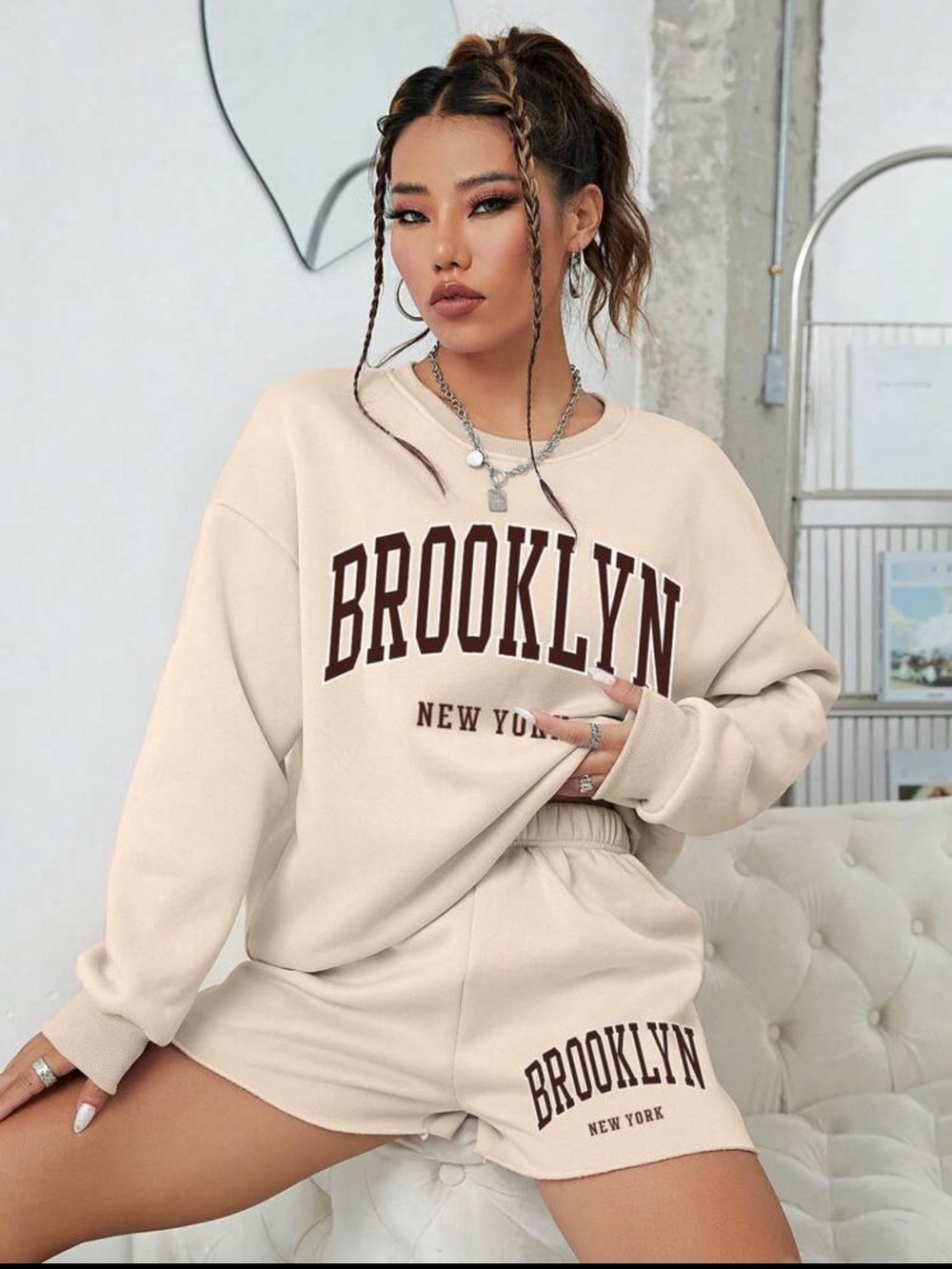 Brooklyn New York Khaki Drop Shoulder Sweatshirt & Shorts Set